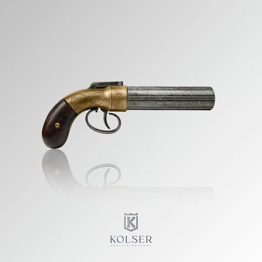 Replica-pistola-Pepperbox-1837-Kolser-laton-cacha-madera-perfil-derecho PIST.ROLEN 6 CAÑONES.1837 USA. - Imagen 1